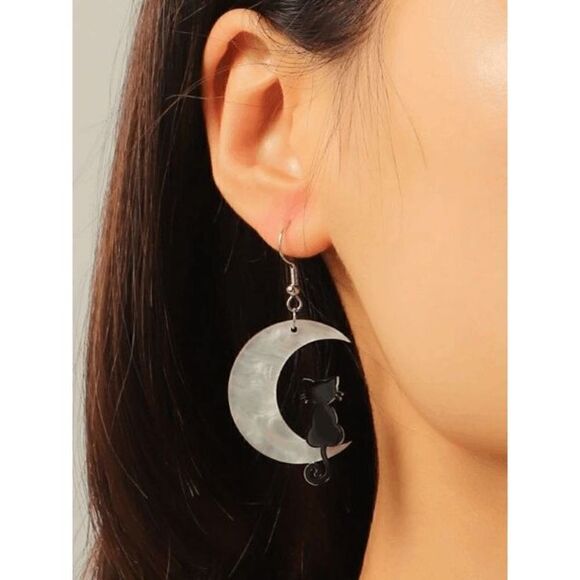 MOON AND CAT DANGLE EARRINGS - Picture 2 of 3